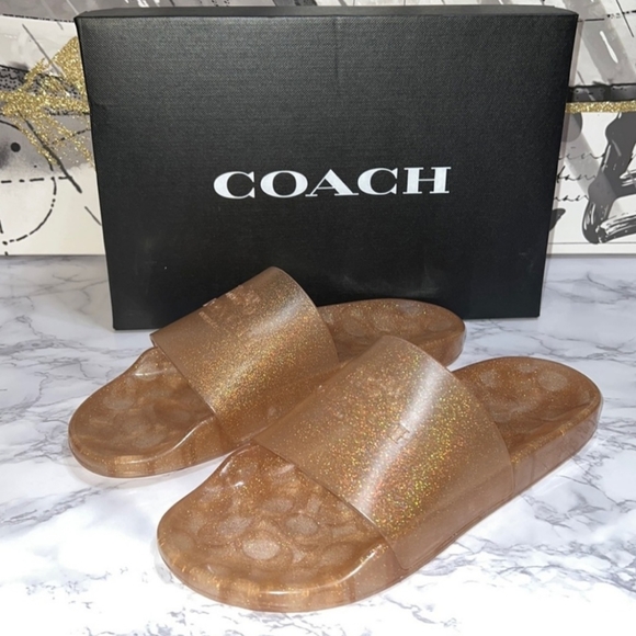 Coach Ulyssa Dark Gold Metallic Slides Sandals Women's Size 10 NIB - Picture 1 of 8